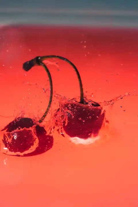 2 cherries fall in red juice