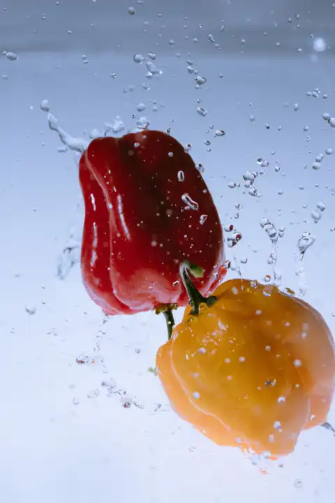 Red and yellow habanero fall in water