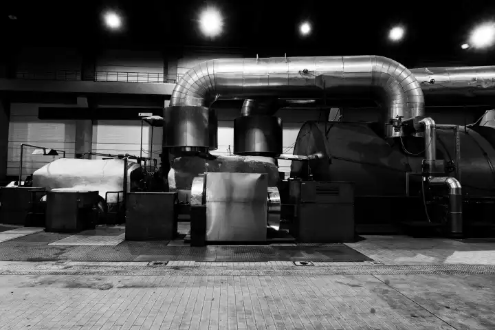 Maschinenhaus mit Turbinen und Druckgefäßen in einem Kohlekraftwerk