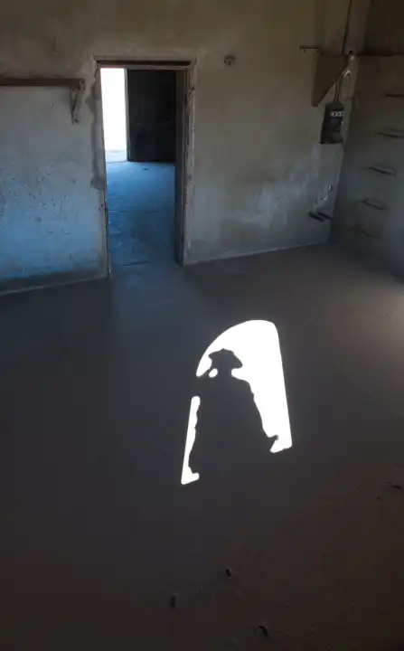 Männlicher Schatten schaut in Hausruine