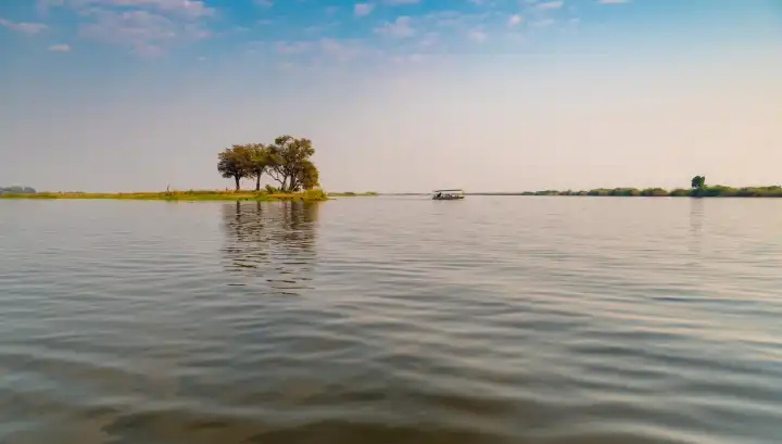 Landschaft im Chobe Nationalpark, ein Boot mit Touristen fährt auf dem Fluss, Botswana