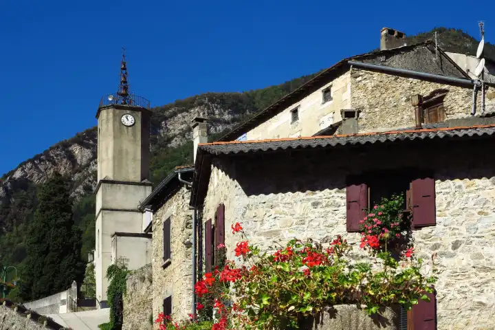 St. Colombe sur Guette, Bergdorf, Kirche, Pyrenäen, Frankreich, Südfrankreich, Languedoc, Roussillon, Süden