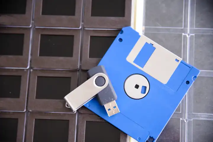 external storage media slides, diskette and USB stick, analog and digital