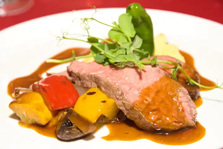 pink roasted Beiried steak with gravy and vegetables - gourmet roast beef