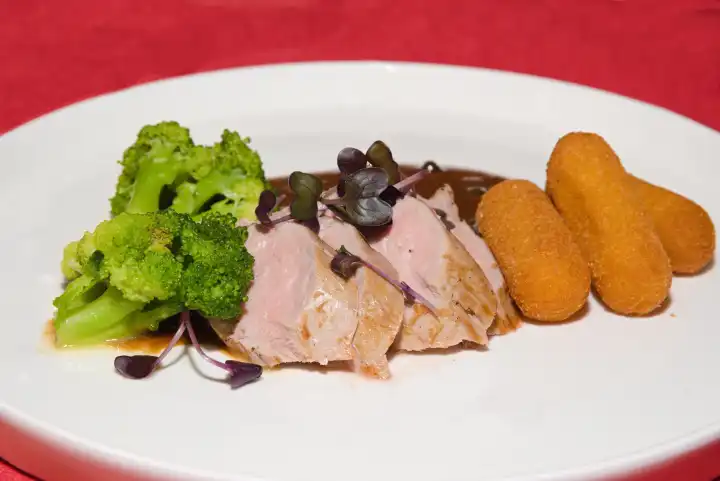 Pork tenderloin in sauce with croquettes and broccoli - Gourmet meat dish
