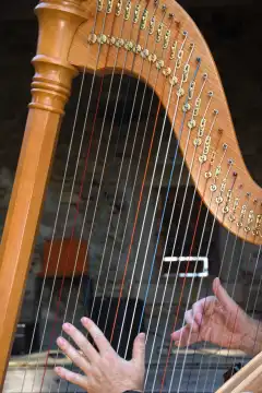 Musiker zupft und spielt mit Saiteninstrument Harfe aus Holz - Nahaufnahme