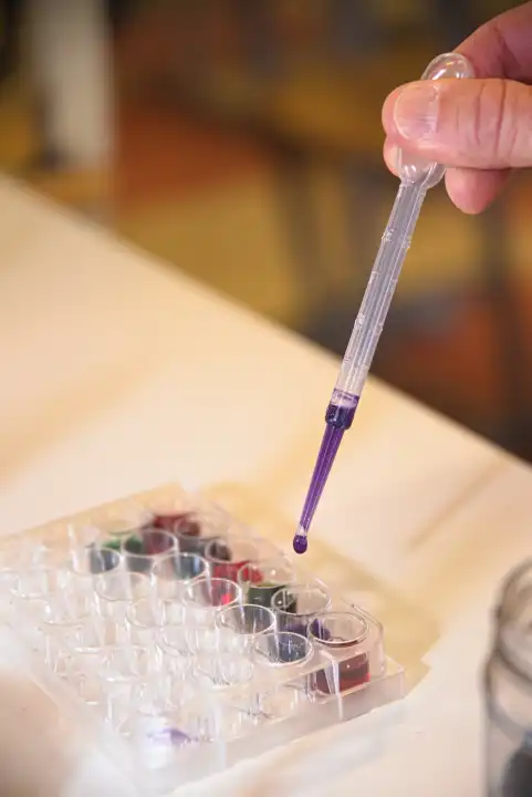 Pipette mit Farbstoff bei einem Experiment und Versuch im Labor