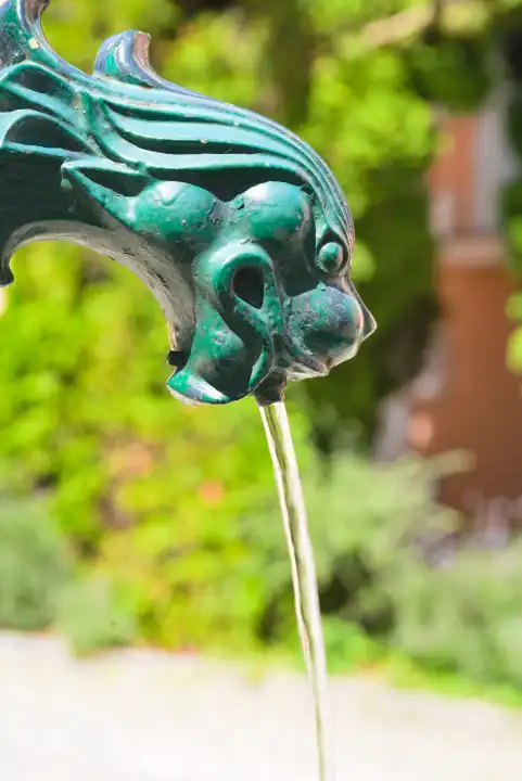 Wasser fließt aus grünem Wasserspeier - Nahaufnahme dekorativer Gusseisen-Wasserhahn