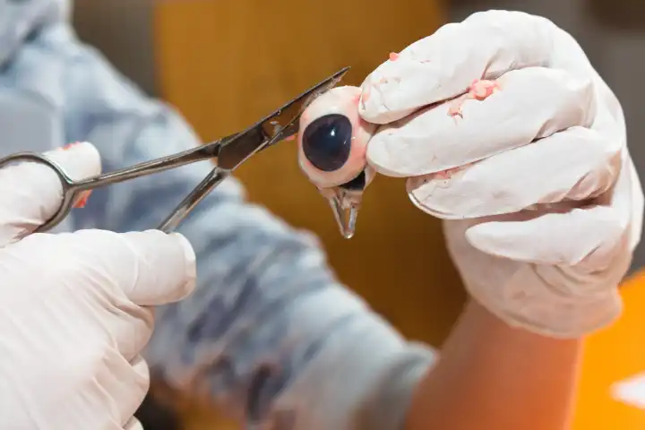 Dissecting a cow's eye - cutting open the eyeball with scissors