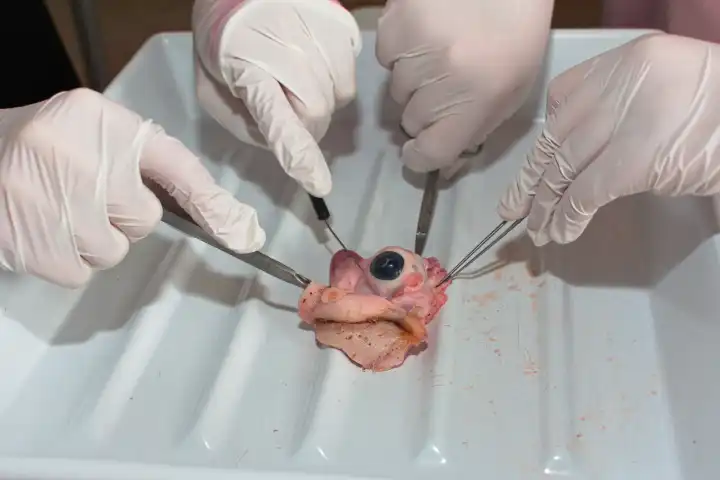 Dissecting a cow's eye - examining the eyeball more closely in pathology with a scalpel and scissors
