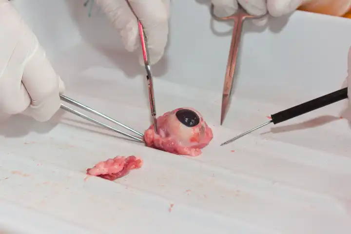People dissect cow's eye with scalpel, tweezers, scissors - eye in pathology