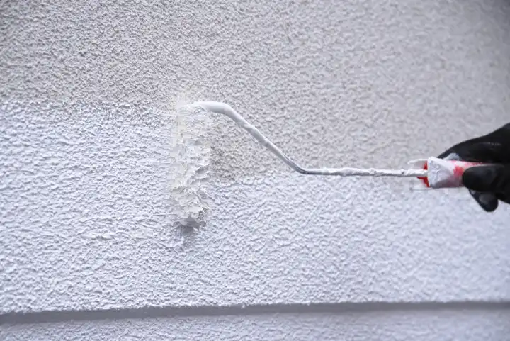 Painter paints wall with paint and paint roller - skilled trade
