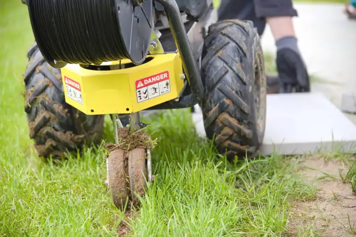Gärtner mit Kabelverlegemaschine beim Verlegen des Begrenzungskabels für Rasenroboter - Nahaufnahme