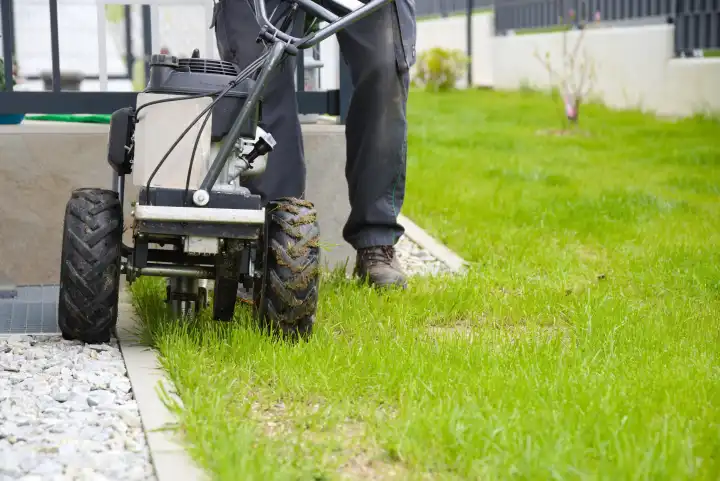 Gärtner mit Kabelverlegemaschine als Verlegehilfe für  Begrenzungsdraht von Rasenroboter