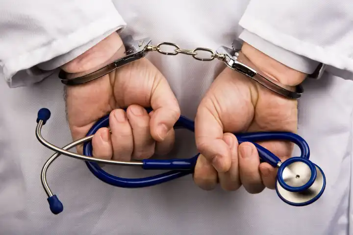 Physician with bank notes and handcuffs
