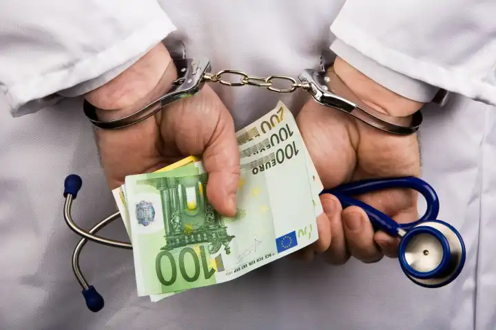 Physician with bank notes and handcuffs