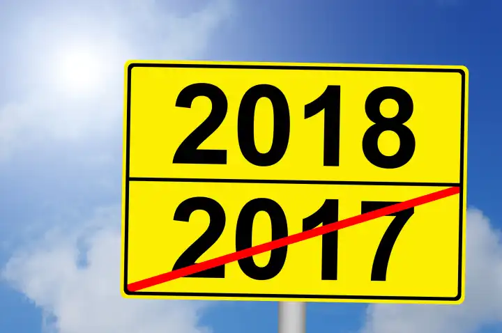 Jahreswechsel 2017 auf 2018 Schild mit Himmelhintergrund