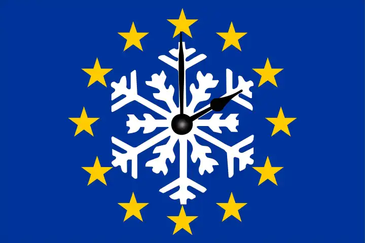Europa Zeitumstellung Europaflagge mit Schneeflocke und Zeiger