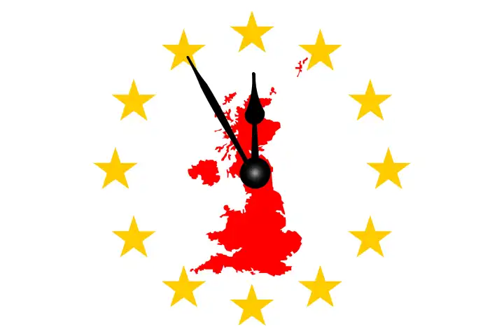 Brexit Englandkarte mit Europasternen Kreis und Uhr