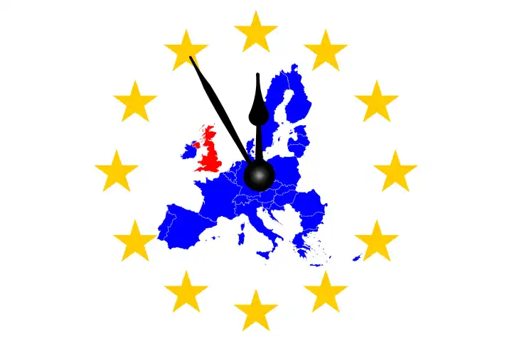 Brexit Europakarte mit Europasternen Kreis und Uhr