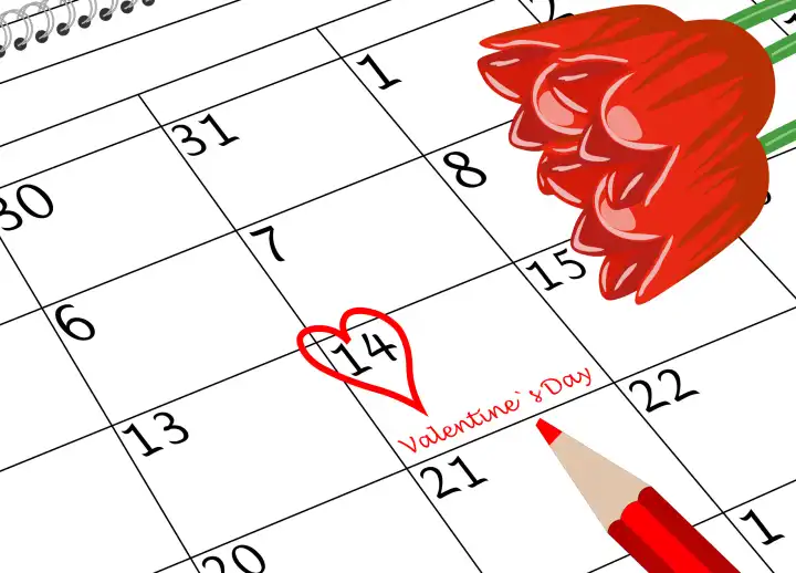 Valentin s Tag Kalenderblatt mit Herz Stift und Blumen