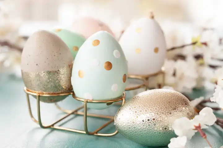Fröhlich dekorierte Eier und weisse Blueten zu Ostern