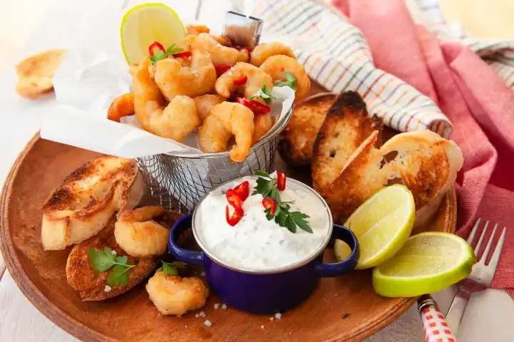 Leckere fritierte Popcorn Shrimps mit würzigen Dip