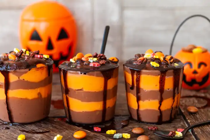Buntes Dessert, Pudding mit Schokososse zu Halloween