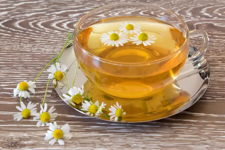 cup of chamomile tea with fresh blossoms