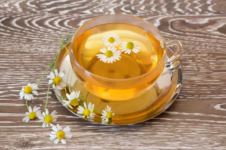 cup of herb tea with fresh chamomile