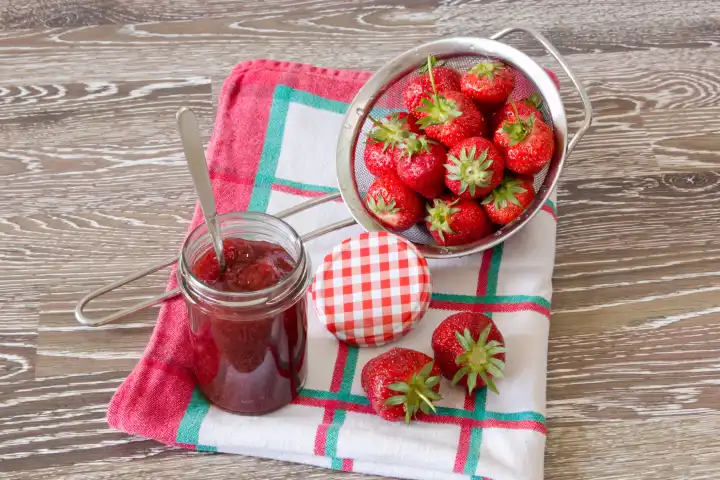 home made strawberry jam with fresh fruits in a sieve