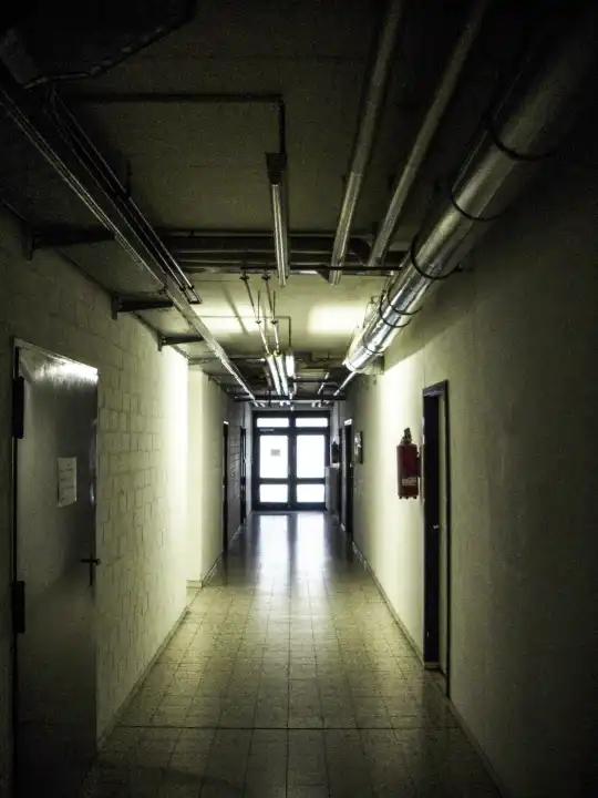 In the boiler room, basement corridor
