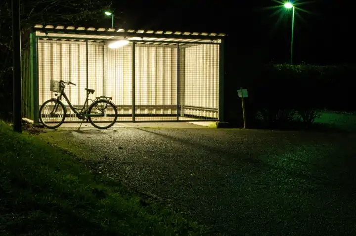 Fahrrad im Unterstand in der Nacht