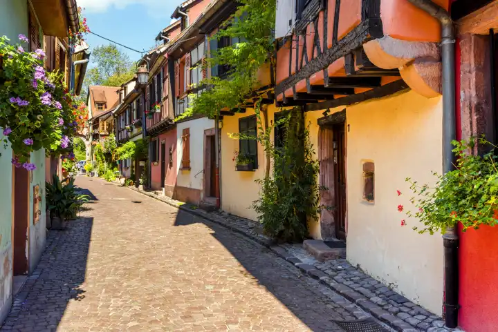 colorful picturesque lane in the old town of Kaysersberg, Alsace Wine Route, France, half-timbered houses with flower decoration
