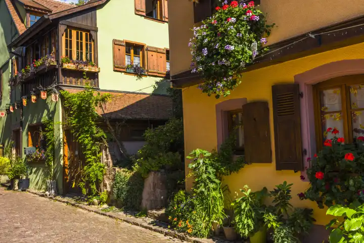 Szenische Ecke in der Altstadt von Kaysersberg, Elsass, Frankreich, bunte Häuser