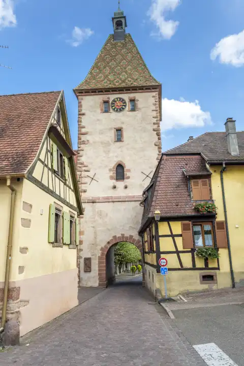 gate tower on the Alsace Wine Route, village Bergheim, Alsace Wine Route, France, medieval town wall