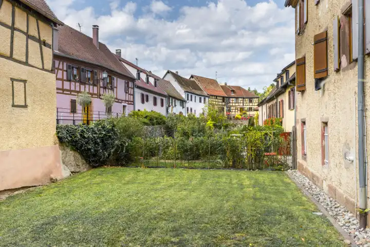 Mittelalterliches Dorf Bergheim, Elsass, Weinstraße, Frankreich, Stadtgraben mit Fachwerkhäusern hinter der Stadtmauer