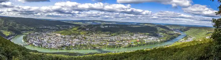 bend of the Moselle river around parts of Bernkastel-Kues, Germany, panorama view from above, Bernkastel-Wittlich district