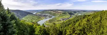 panorama of the Fünfseenblick, Five Lakes View of Detzem on the Moselle river, Germany, view from above to Pölich in the centre and Mehring on the left