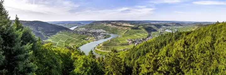 panorama of the Fünfseenblick, Five Lakes View of Detzem on the Moselle river, Germany, view from above to Pölich in the centre and Mehring on the left