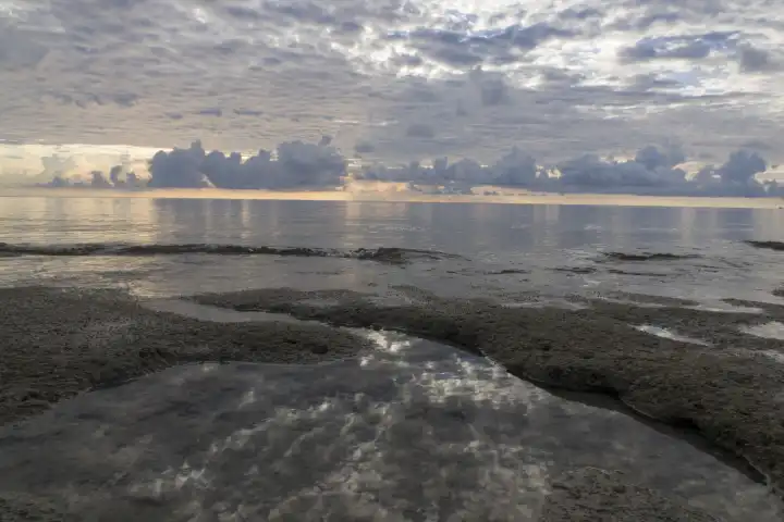 Dawn at beachfront during low tide, flat sea, cumulus clouds