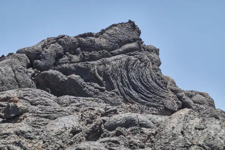 Formation of knitted lava against the blue sky. El Hierro, Canary Islands, Spain