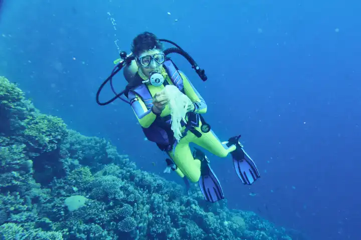 Taucherin sammelt Plastikabfall im Korallenriff während Tauchgang im Roten Meer. Hurghada, Ägypten