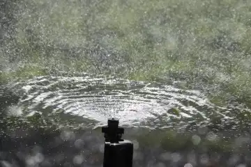 Water sprinkler in action in the garden. Tijarafe, La Palma, Canary Islands, Spain