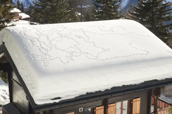Vogelspuren im Schnee auf Chalet Dach. Wallis, Schweiz