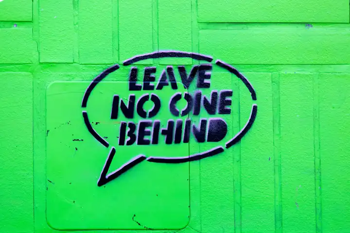 Lettering "leave no one behind" in a speech bubble