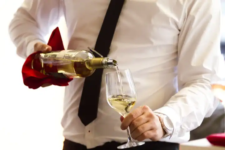 Kellner schenkt Wein in ein Weinglas