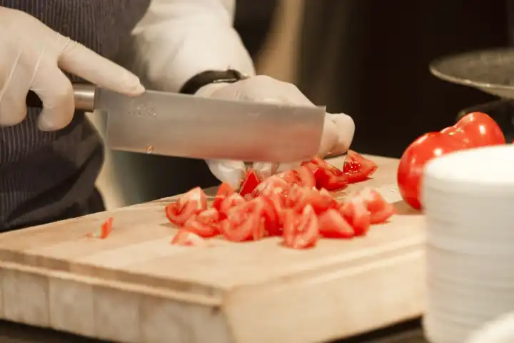 chef slicing tomatoes