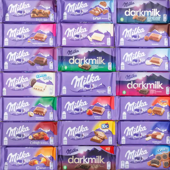Milka Schokolade Schokoladen verschiedene Sorten Hintergrund quadratisch