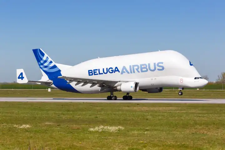 Hamburg, Germany, April 20 2021: A Airbus Beluga Super Transporter A300B4, 608ST with the license plate F, GSTD at the airport Hamburg Finkenwerder (XFW) in Germany